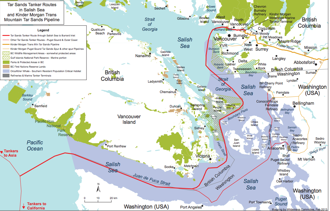 Figure 1: Red line is the tanker route. Purple area is acknowledged critical habitat for the endangered southern resident killer whale population. Click to enlarge. Source: www.wildernesscommittee.org/kinder_morgan_pipeline_route_maps